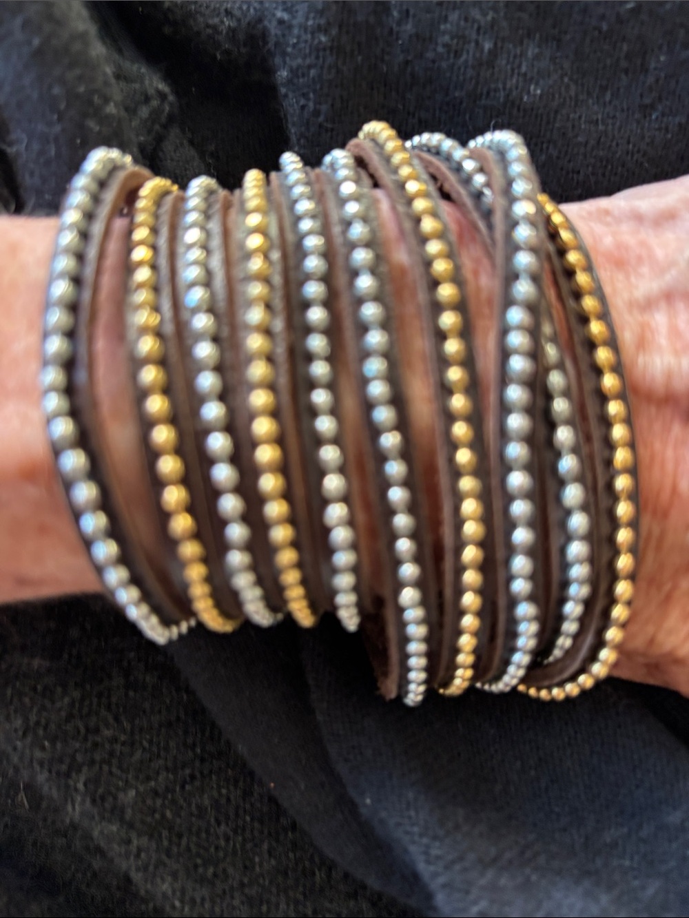 Women’s Multi-Row Brown Leather Bracelet with Gold & Silver Beads